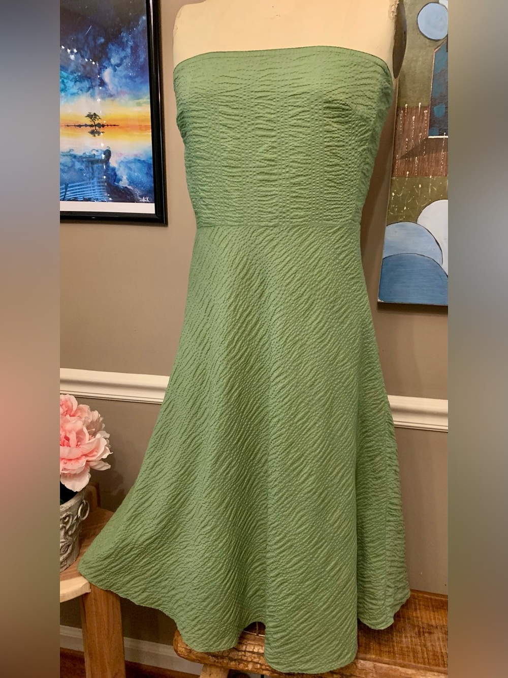 J. Crew Strapless Light Green Textured Fit-and-Flare Dress Size 12